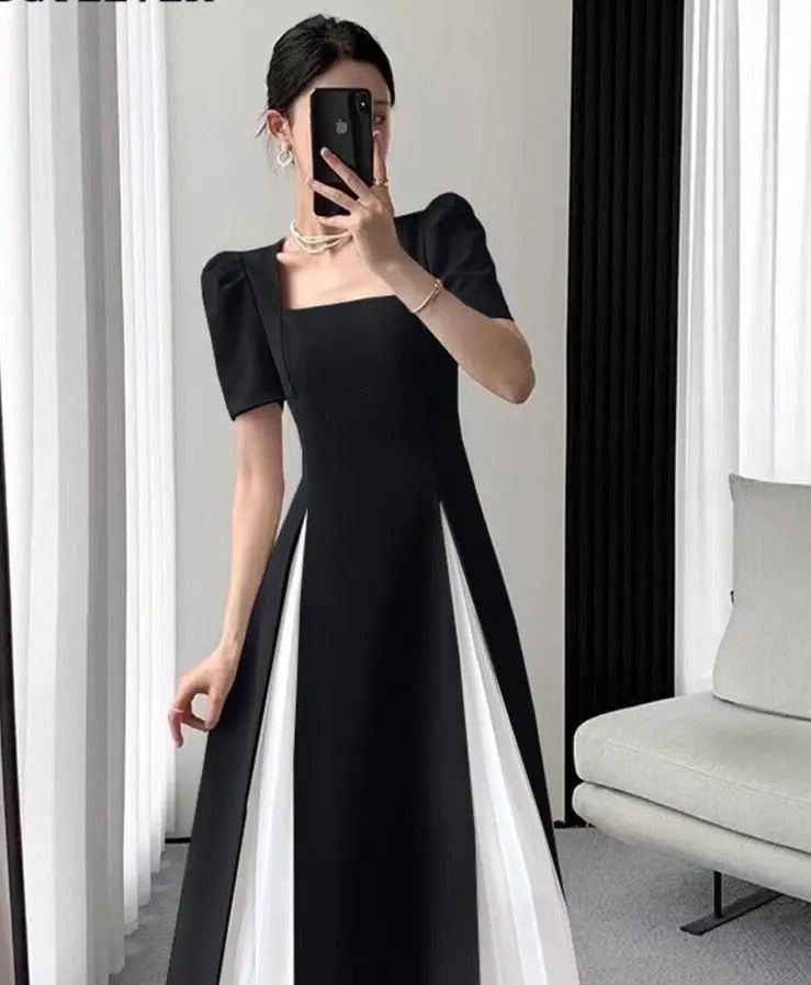 Vintage Square Collar Mid-Length Dress Elegant Short Sleeve Slim Waist Mesh nowadaysfashion