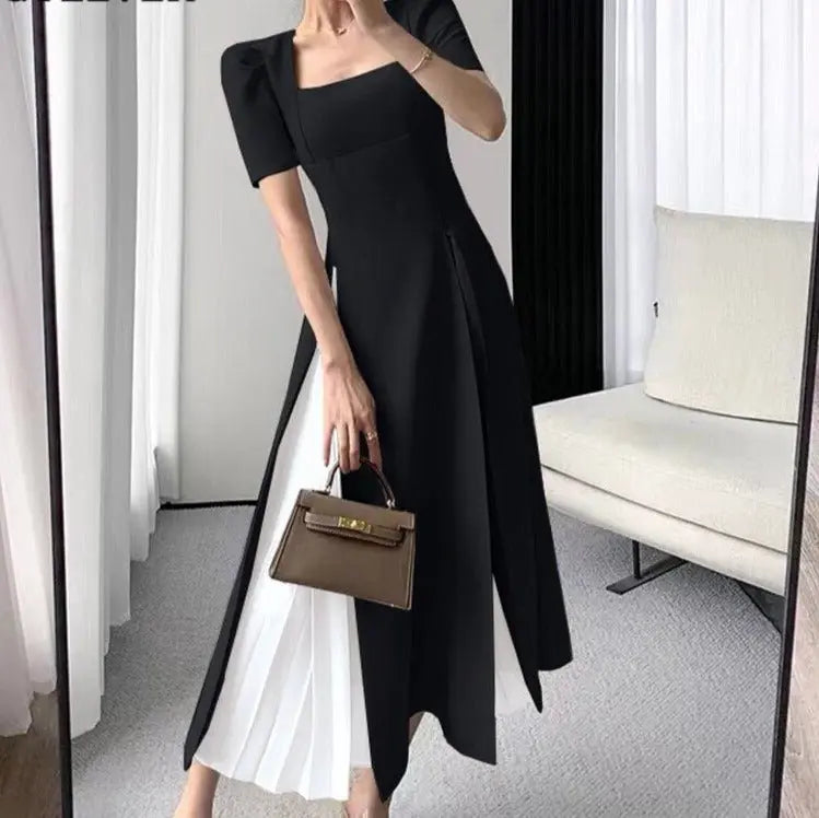 Vintage Square Collar Mid-Length Dress Elegant Short Sleeve Slim Waist Mesh nowadaysfashion