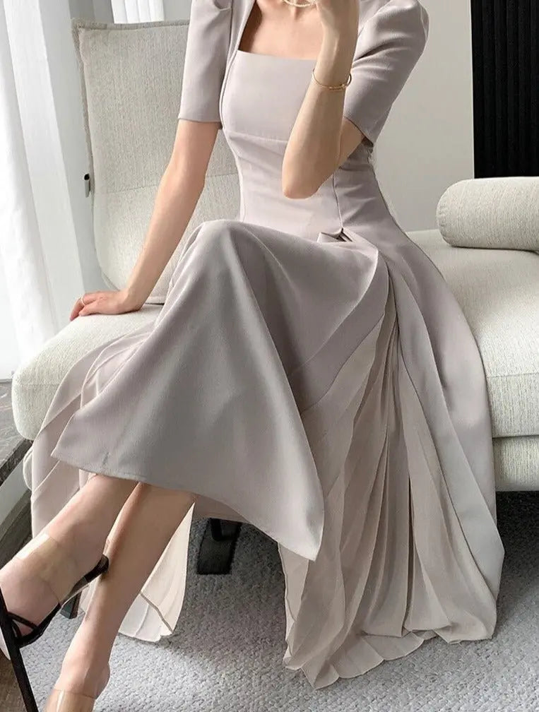 Vintage Square Collar Mid-Length Dress Elegant Short Sleeve Slim Waist Mesh nowadaysfashion