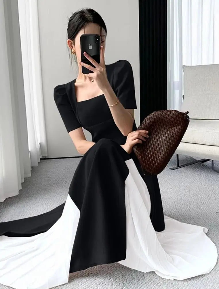 Vintage Square Collar Mid-Length Dress Elegant Short Sleeve Slim Waist Mesh nowadaysfashion
