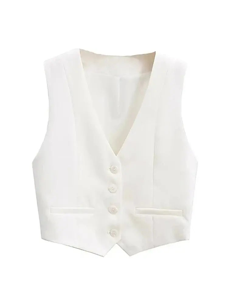 Vintage V Neck Sleeveless Female Outerwear White Chic Vests nowadaysfashion