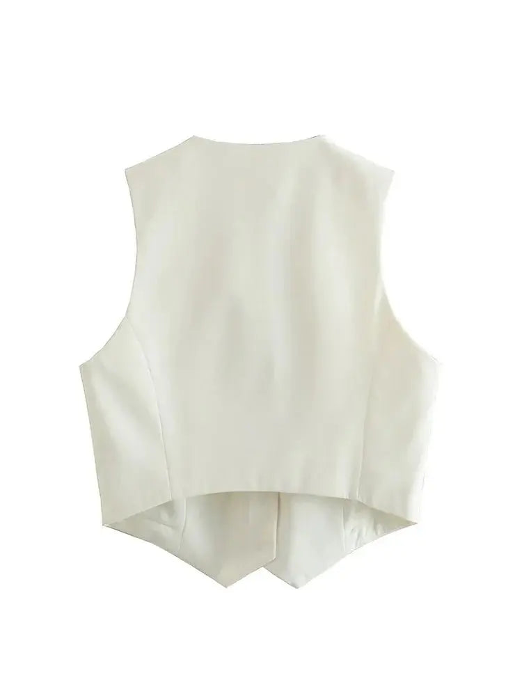 Vintage V Neck Sleeveless Female Outerwear White Chic Vests - Blade & Thread