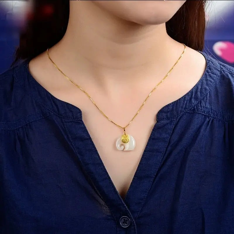 Vintage White Hetian Jade Elephant Pendant 18K Gold Plated Chain Necklace nowadaysfashion
