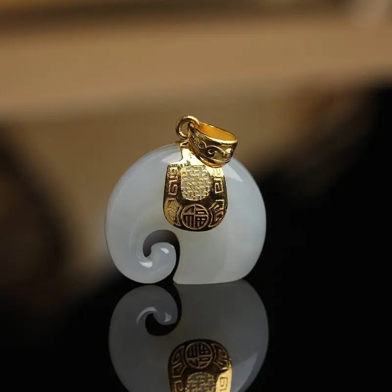 Vintage White Hetian Jade Elephant Pendant 18K Gold Plated Chain Necklace - Blade & Thread