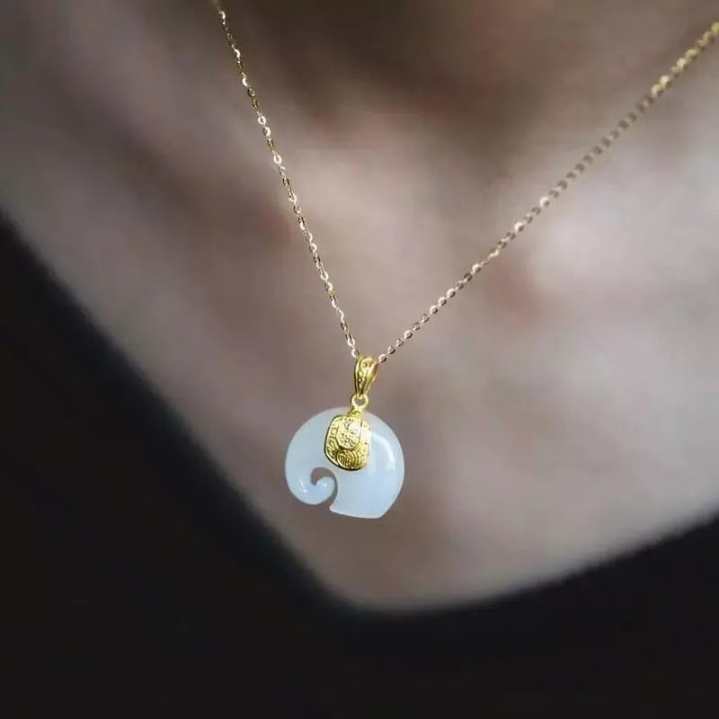Vintage White Hetian Jade Elephant Pendant 18K Gold Plated Chain Necklace - Blade & Thread