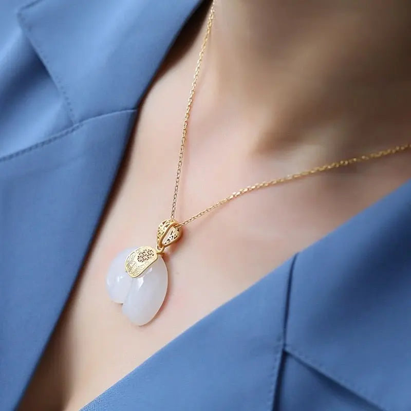 Vintage White Hetian Jade Elephant Pendant 18K Gold Plated Chain Necklace - Blade & Thread