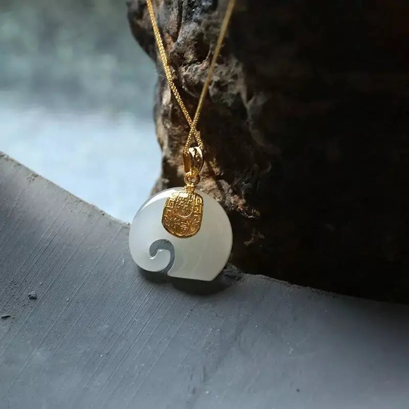 Vintage White Hetian Jade Elephant Pendant 18K Gold Plated Chain Necklace - Blade & Thread