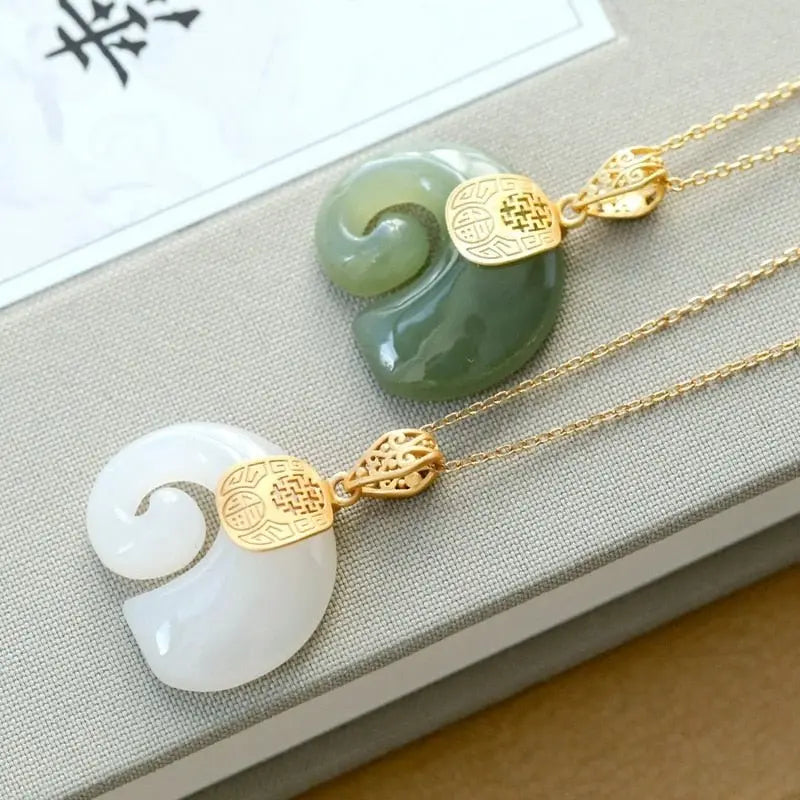 Vintage White Hetian Jade Elephant Pendant 18K Gold Plated Chain Necklace - Blade & Thread