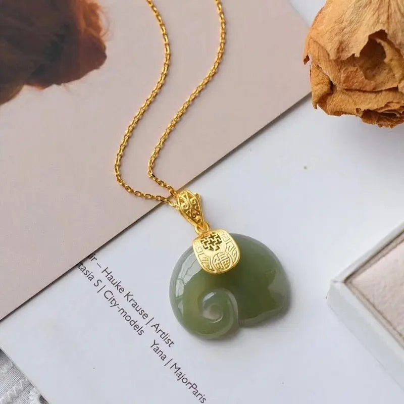 Vintage White Hetian Jade Elephant Pendant 18K Gold Plated Chain Necklace nowadaysfashion