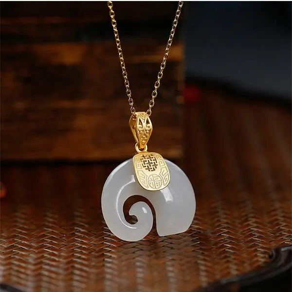 Vintage White Hetian Jade Elephant Pendant 18K Gold Plated Chain Necklace - Blade & Thread