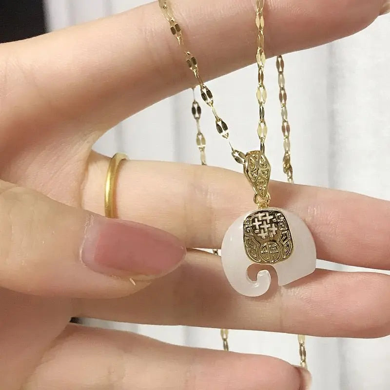 Vintage White Hetian Jade Elephant Pendant 18K Gold Plated Chain Necklace - Blade & Thread