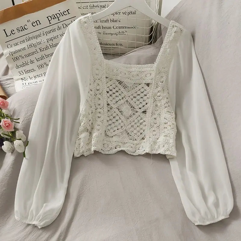 Vintage Women Thin Shirts Hollow Puff Sleeve Square Collar Slim Blouses Ladies Tops - Blade & Thread