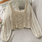 Vintage Women Thin Shirts Hollow Puff Sleeve Square Collar Slim Blouses Ladies Tops nowadaysfashion
