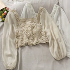 Vintage Women Thin Shirts Hollow Puff Sleeve Square Collar Slim Blouses Ladies Tops nowadaysfashion