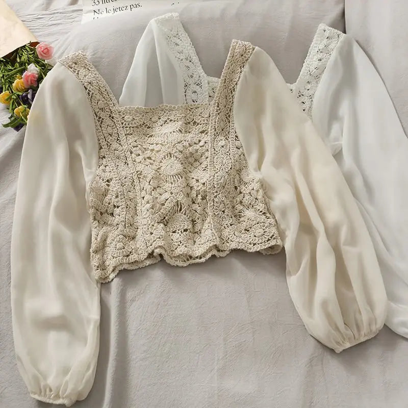 Vintage Women Thin Shirts Hollow Puff Sleeve Square Collar Slim Blouses Ladies Tops - Blade & Thread