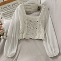 Vintage Women Thin Shirts Hollow Puff Sleeve Square Collar Slim Blouses Ladies Tops nowadaysfashion