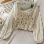Vintage Women Thin Shirts Hollow Puff Sleeve Square Collar Slim Blouses Ladies Tops nowadaysfashion