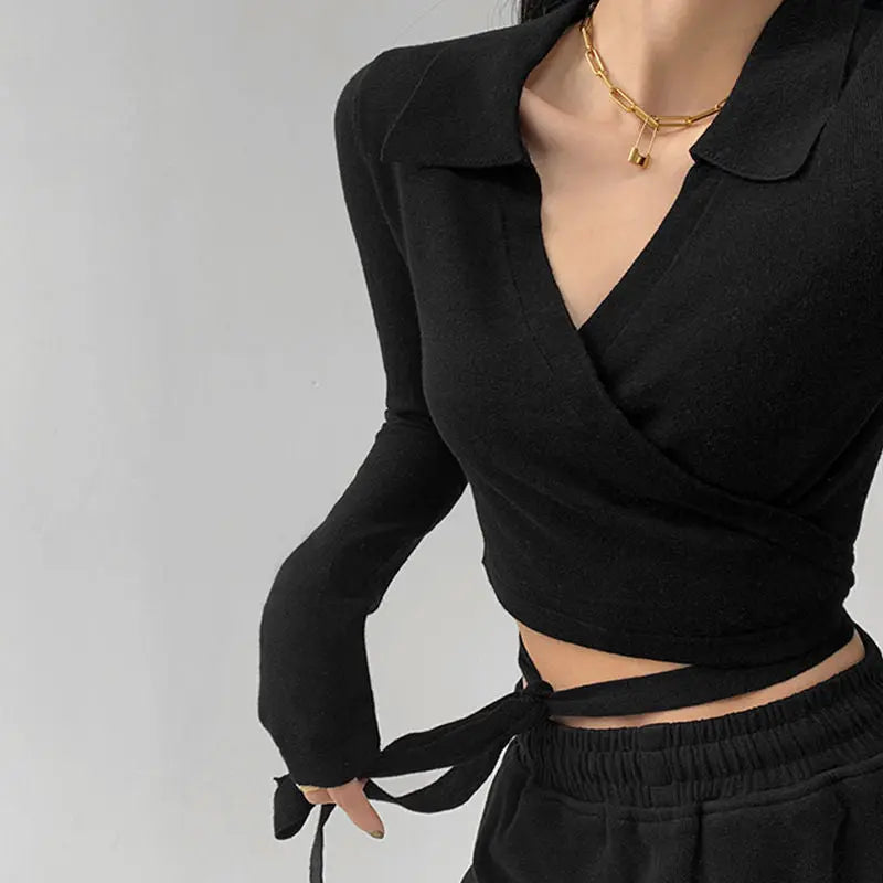 Waist Cross Bandage Polo Shirt Women Y2K Tops Fashion Fitness V-neck T-shirts Woman nowadaysfashion