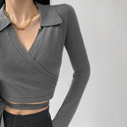Waist Cross Bandage Polo Shirt Women Y2K Tops Fashion Fitness V-neck T-shirts Woman nowadaysfashion