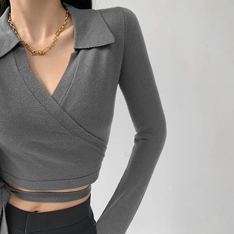 Waist Cross Bandage Polo Shirt Women Y2K Tops Fashion Fitness V-neck T-shirts Woman - Blade & Thread