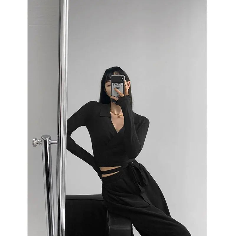 Waist Cross Bandage Polo Shirt Women Y2K Tops Fashion Fitness V-neck T-shirts Woman - Blade & Thread