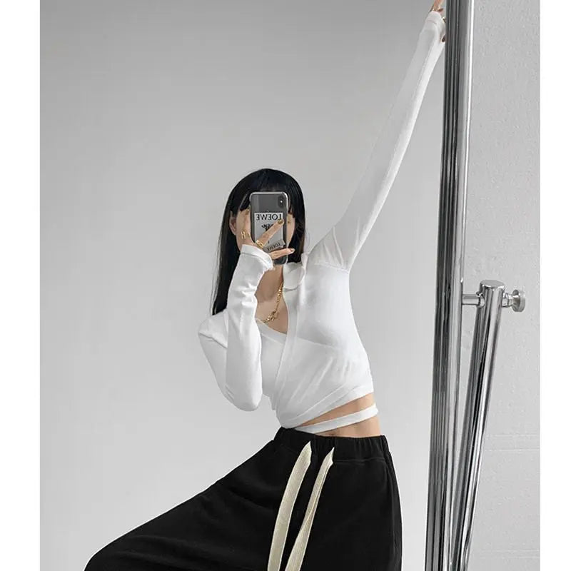 Waist Cross Bandage Polo Shirt Women Y2K Tops Fashion Fitness V-neck T-shirts Woman - Blade & Thread