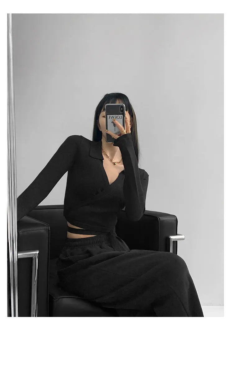 Waist Cross Bandage Polo Shirt Women Y2K Tops Fashion Fitness V-neck T-shirts Woman - Blade & Thread