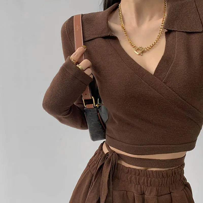 Waist Cross Bandage Polo Shirt Women Y2K Tops Fashion Fitness V-neck T-shirts Woman nowadaysfashion