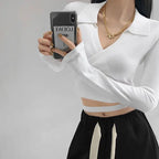 Waist Cross Bandage Polo Shirt Women Y2K Tops Fashion Fitness V-neck T-shirts Woman nowadaysfashion
