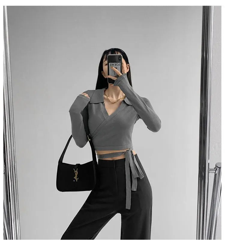 Waist Cross Bandage Polo Shirt Women Y2K Tops Fashion Fitness V-neck T-shirts Woman - Blade & Thread