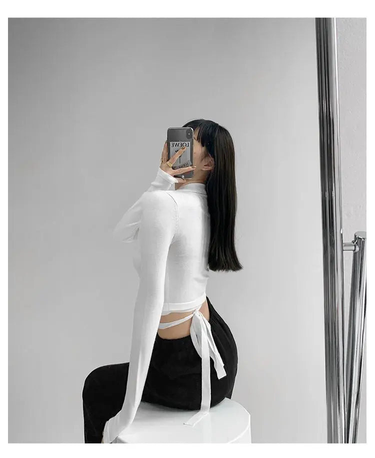 Waist Cross Bandage Polo Shirt Women Y2K Tops Fashion Fitness V-neck T-shirts Woman - Blade & Thread