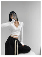 Waist Cross Bandage Polo Shirt Women Y2K Tops Fashion Fitness V-neck T-shirts Woman nowadaysfashion