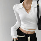 Waist Cross Bandage Polo Shirt Women Y2K Tops Fashion Fitness V-neck T-shirts Woman nowadaysfashion