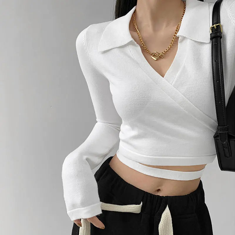 Waist Cross Bandage Polo Shirt Women Y2K Tops Fashion Fitness V-neck T-shirts Woman - Blade & Thread
