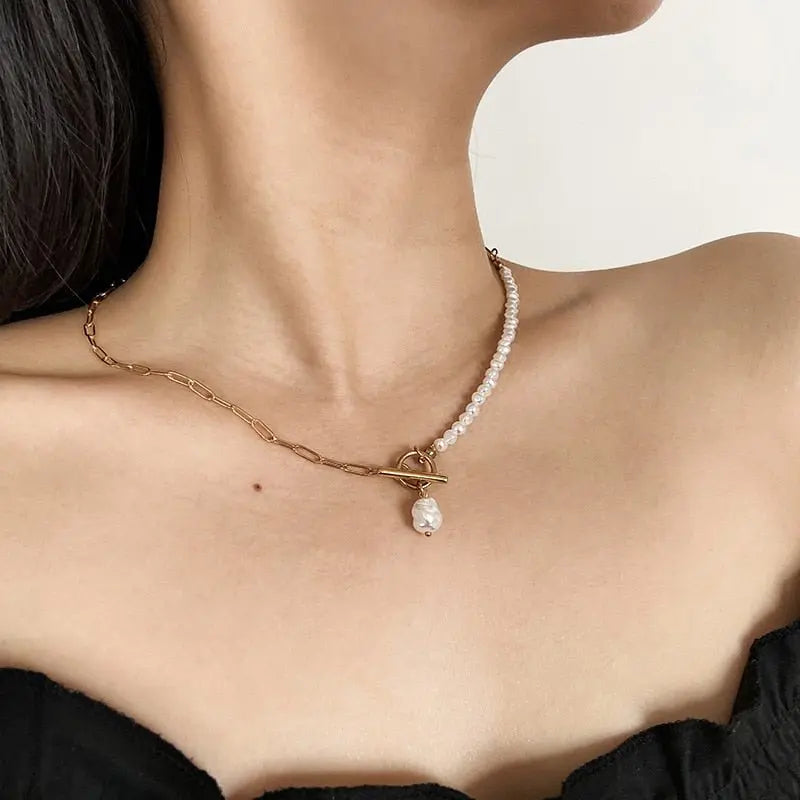 Water-wave Pearl Necklace For Women Charming Big Metal Geometric Statement Collar Necklace - Blade & Thread