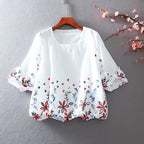 White Chiffon Blouse Short Sleeve Women Stripe Flower Print Top Loose Shirt nowadaysfashion