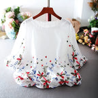 White Chiffon Blouse Short Sleeve Women Stripe Flower Print Top Loose Shirt nowadaysfashion