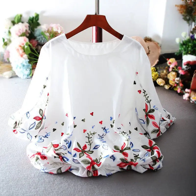 White Chiffon Blouse Short Sleeve Women Stripe Flower Print Top Loose Shirt - Blade & Thread