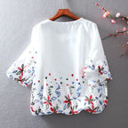 White Chiffon Blouse Short Sleeve Women Stripe Flower Print Top Loose Shirt nowadaysfashion