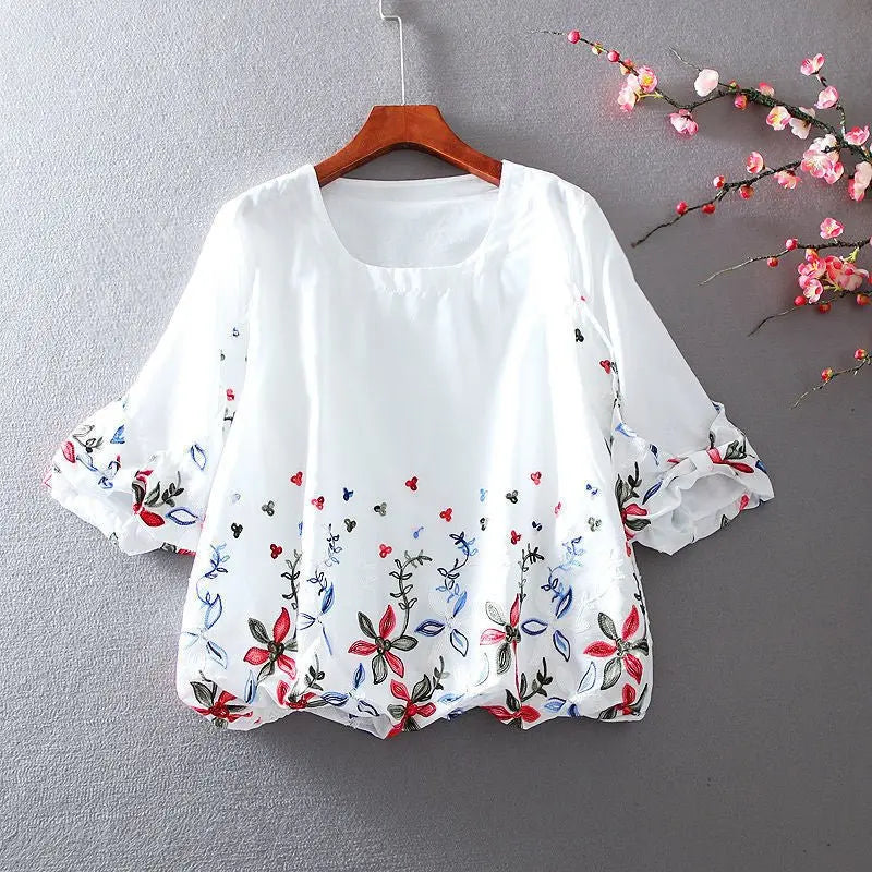 White Chiffon Blouse Short Sleeve Women Stripe Flower Print Top Loose Shirt - Blade & Thread