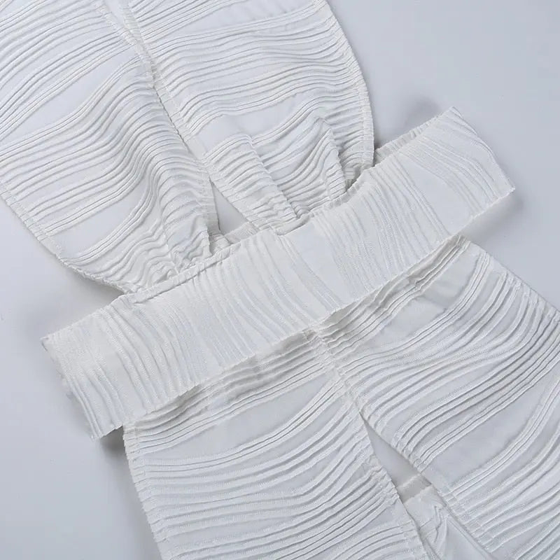 White Deep V-neck Halter Bandage 2 Pieces Sets Sleeveless Backless Suits Outfits with Shorts - Blade & Thread
