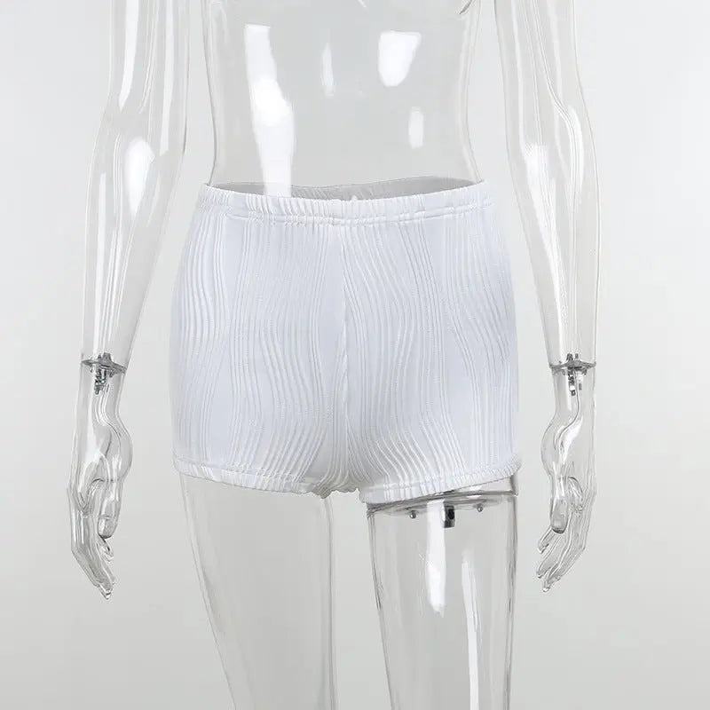 White Deep V-neck Halter Bandage 2 Pieces Sets Sleeveless Backless Suits Outfits with Shorts - Blade & Thread