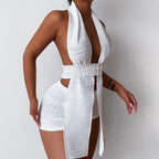 White Deep V-neck Halter Bandage 2 Pieces Sets Sleeveless Backless Suits Outfits with Shorts nowadaysfashion