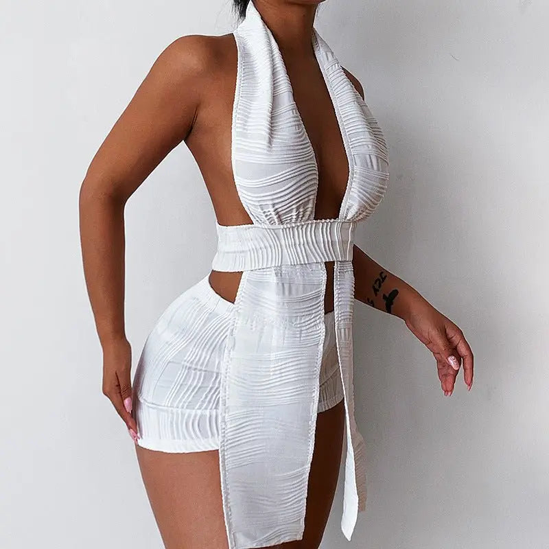 White Deep V-neck Halter Bandage 2 Pieces Sets Sleeveless Backless Suits Outfits with Shorts - Blade & Thread