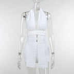 White Deep V-neck Halter Bandage 2 Pieces Sets Sleeveless Backless Suits Outfits with Shorts nowadaysfashion