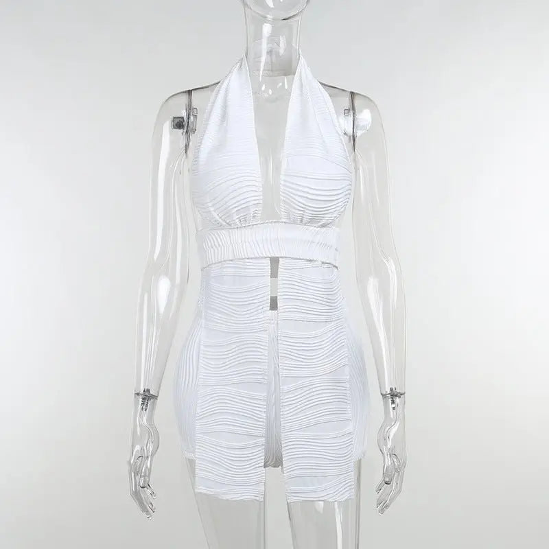 White Deep V-neck Halter Bandage 2 Pieces Sets Sleeveless Backless Suits Outfits with Shorts - Blade & Thread