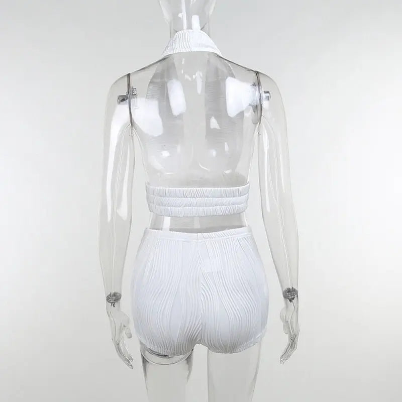 White Deep V-neck Halter Bandage 2 Pieces Sets Sleeveless Backless Suits Outfits with Shorts nowadaysfashion