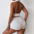 White Deep V-neck Halter Bandage 2 Pieces Sets Sleeveless Backless Suits Outfits with Shorts nowadaysfashion