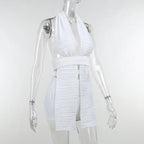 White Deep V-neck Halter Bandage 2 Pieces Sets Sleeveless Backless Suits Outfits with Shorts nowadaysfashion