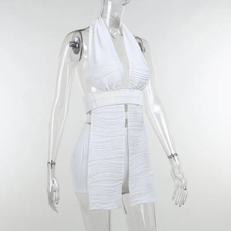White Deep V-neck Halter Bandage 2 Pieces Sets Sleeveless Backless Suits Outfits with Shorts - Blade & Thread